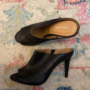 Calvin Klein Peep Toe Stiletto Snakeskin Mules